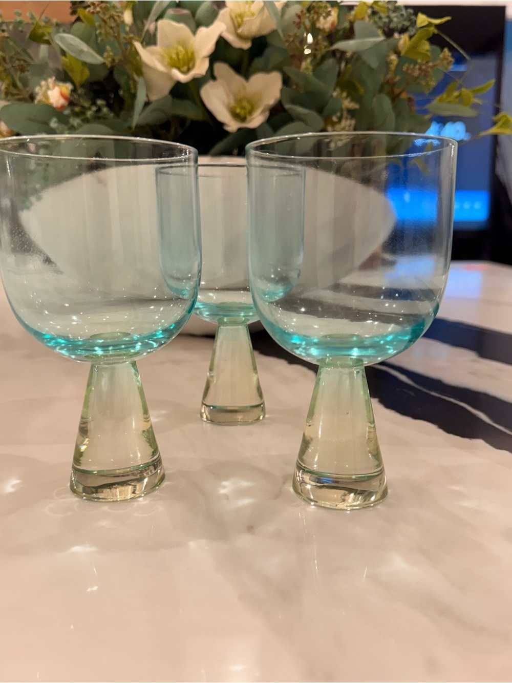 Anthropologie Aqua Blue Goblets | Set of 3 Hand-Blown Stemmed Glasses